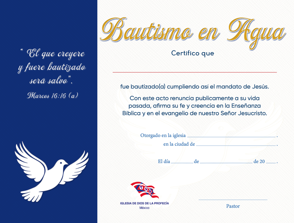 Certificado de Bautismo. Incluye Pacto de Membresía.
