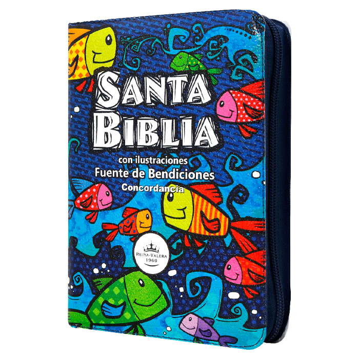Biblia Infantil Ilustrada Fuente de Bendiciones Reina Valera 1960 Chica Letra Mediana Azul Peces
